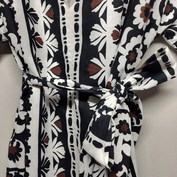 Ann Taylor Linen Blouse Top Women Size M White Floral Waist Tie Casual Feminine - Picture 4 of 9